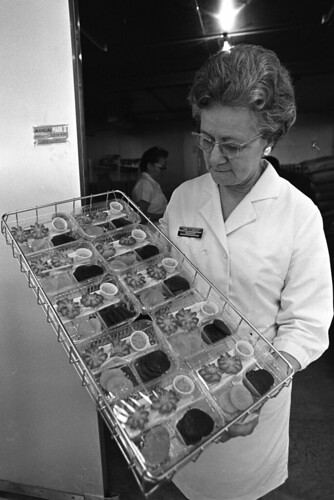 School lunches are prepared at a central kitchen location and distributed to local schools in Indianapolis, Indiana in December 1969. Photo courtesy National Archives and Records Administration.