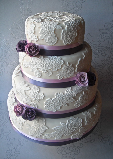 Lace Wedding Cake With Purple Roses
