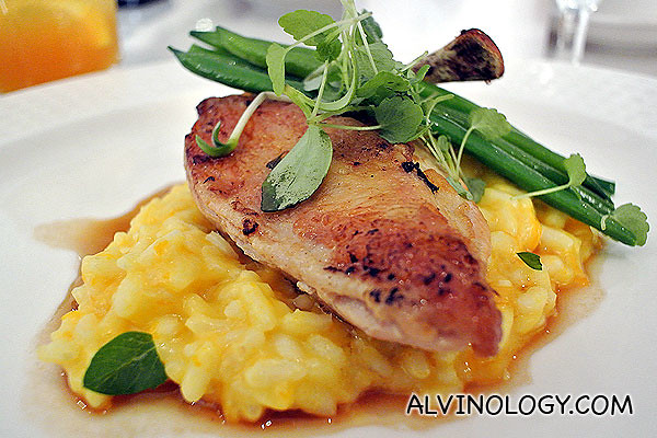 Sear free range chicken breast with pumpkin risotto and glazed French beans