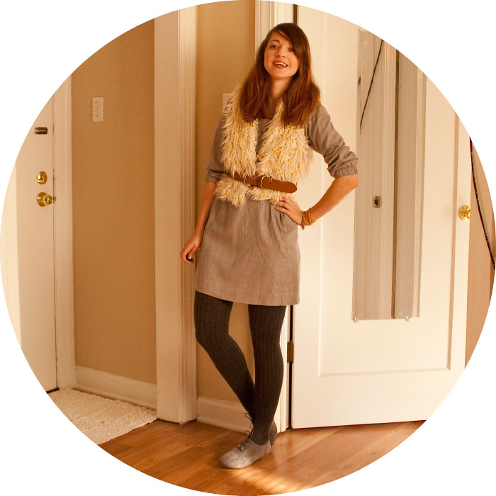 dash dot dotty, furry vest, forever21, j.crew etta dress, grayed out, tights and oxfords, workfit, fallish, dot