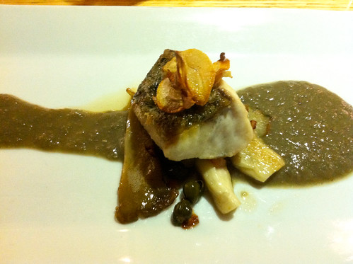 Wild Sea Bass with Oyster Mushrooms, Bacon, Capers and Lentil Puree