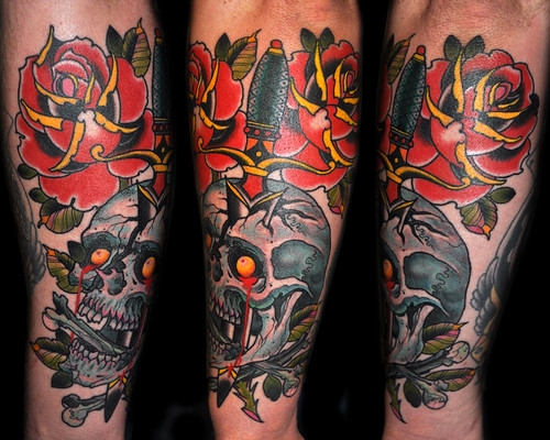 Skull with dagger and roses by Joel Kennedy  by UndertheNeedle