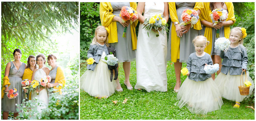 Bridesmaids in grey dresses with mustard yellow pashmina shawl.