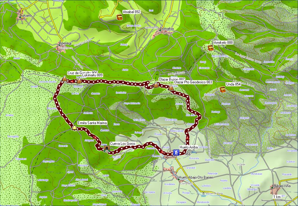 Mapa 2012_01_14 Olazar Cruz de Ganalto y Cueva de los Goros desde Hueto Arriba
