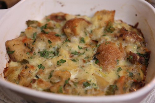Savory Bread Pudding with Chestnuts, Apples, Leeks, and Gruyere