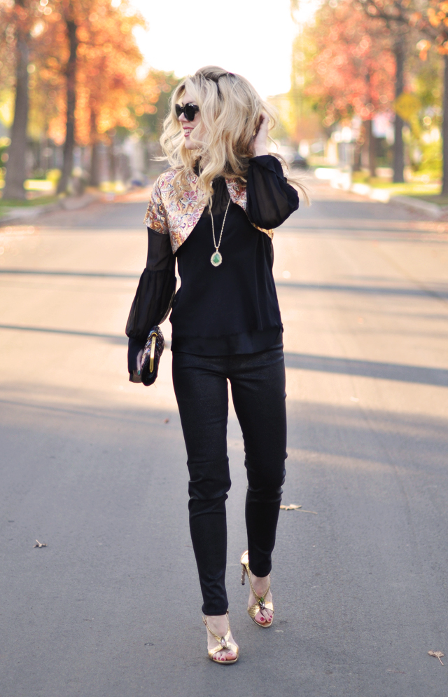 gold accessories - big hair-black outfit-j brand black jeans