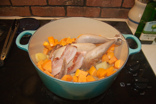 Bird in Pot with Onions, Persimmons, and Potatoes