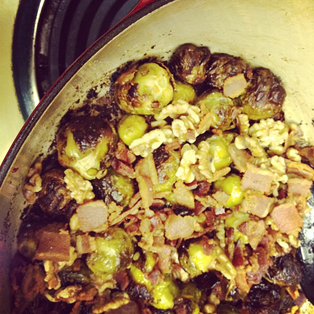 Crusty brussels sprouts + bacon
