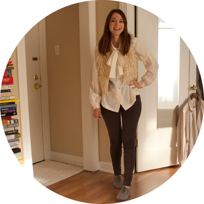 dash dot dotty, outfit blog, creative young professional, armadillo pants, tie-neck blouses, furry vest, oxfords, gray