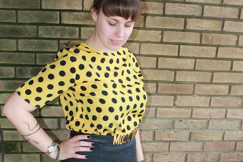 Black and yellow outfit: thrifted blouse, The Limited A-line skirt, wool tights, Modcloth quilted flats, snake bracelet, vintage Moschino belt