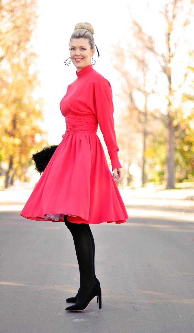 red vintage Karl Lagerfeld dress- black tights and heels-bun