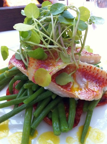 red mullet with saffron potatoes and green beans