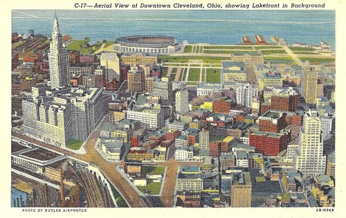 vintage postcard of Cleveland (original image by Butler Airphotos, postcard via Brandon Bartoszek, creative commons license)