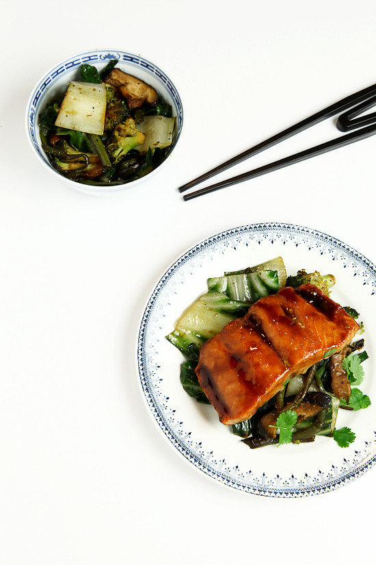 sticky salmon and greens