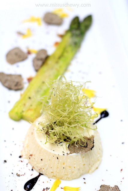 Warm Parmigiano Flan with Truffle and Green Asparagus