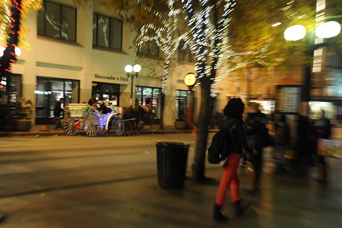 Abercrombie & Fitch, horse drawn carriage, people, street, clock, lights, Seattle, Washington, USA by Wonderlane