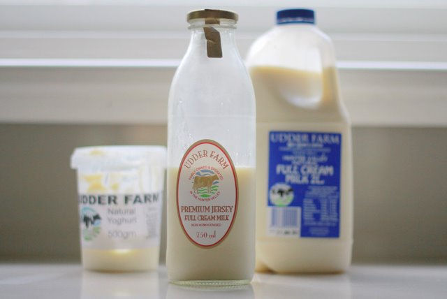 Udder Farm products including milk in glass bottle