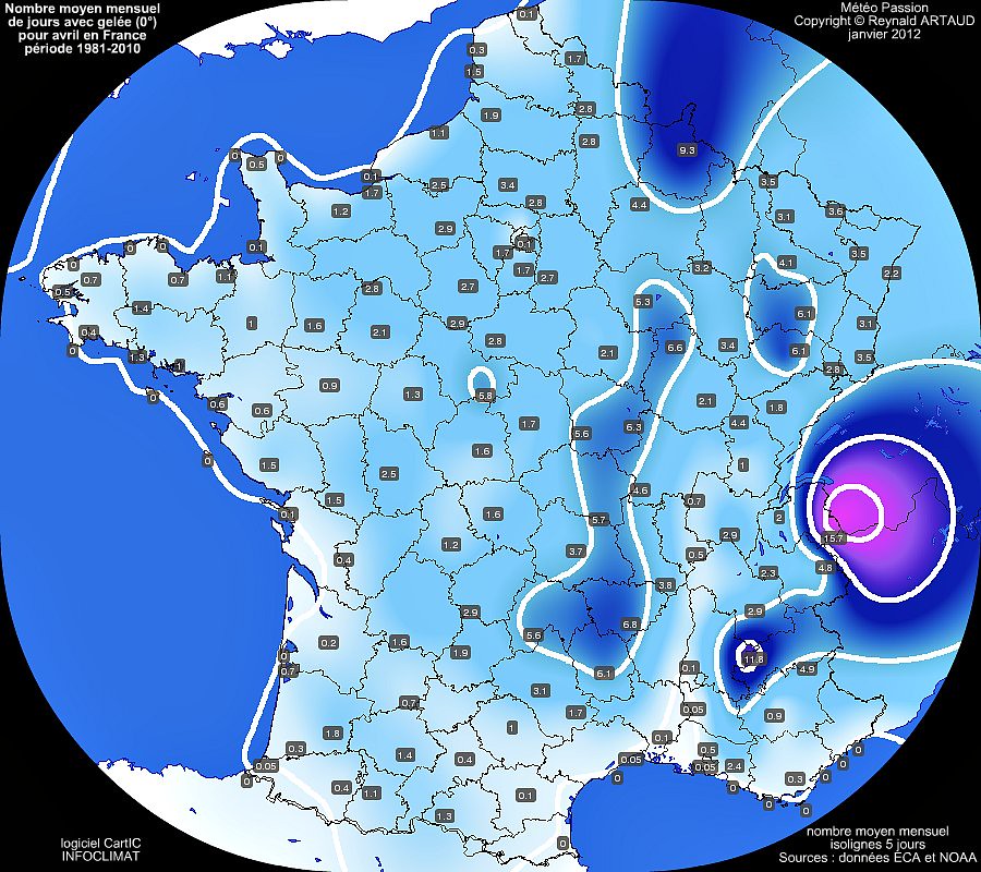 nombre moyen mensuel de jours avec gelée 0° pour le mois d'avril en France sur la période 1981-2010