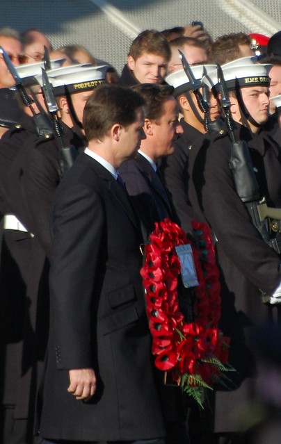 Nick Clegg and David Cameron walking towards the Cenotaph to pay their 