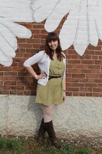 Northside outfit: pea green Urban Outfitters dress with lace collar, cardigan, leather belt, leather boots