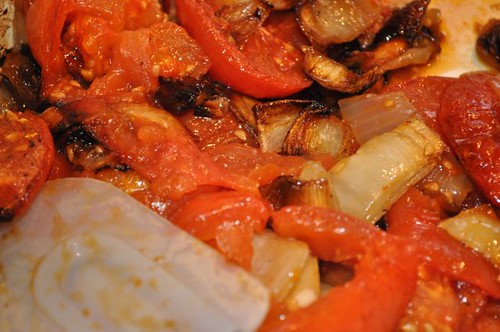 tomatoes/roasted onions stirred