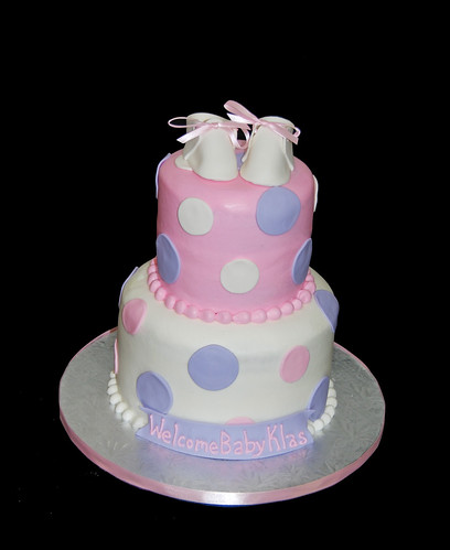 pink and purple polka dot 2 tier baby shower cake