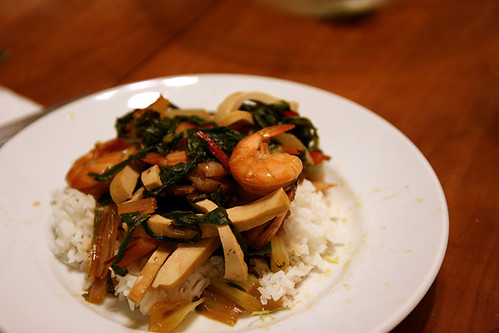 soy poached shrimp with greens and tofu