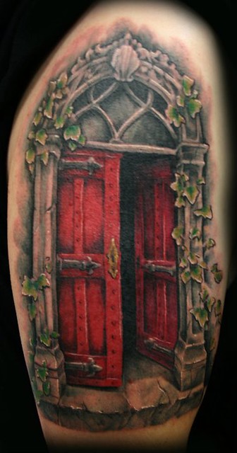 medieval door ivy tattoo by Jackie Rabbit