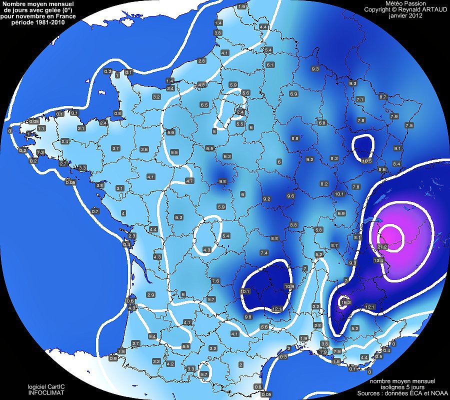 nombre moyen mensuel de jours avec gelée 0° pour le mois de novembre en France sur la période 1981-2010