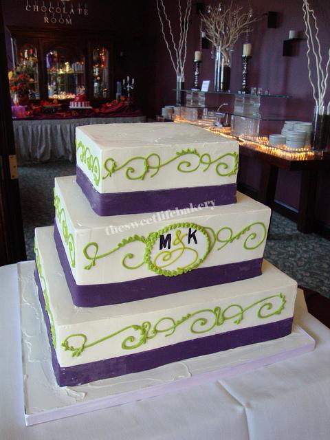 Lime Green and Purple Monogram Wedding Cake