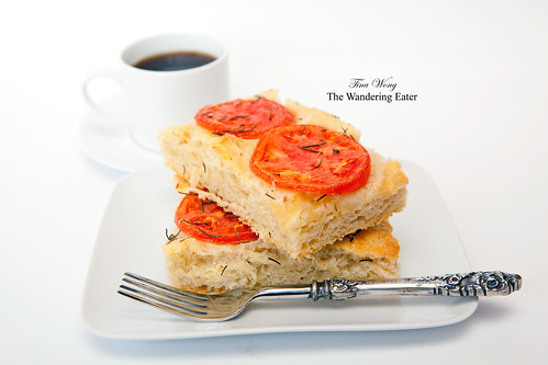 Homemade Focaccia with rosemary and fresh tomato with my cup of coffee