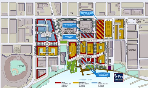 The Yards site plan (red=retail, blue=office, gold=residential (Forest City Washington via All Things Retail)