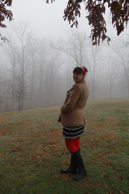 Fog outfit: Missoni for Target black and white chevron dress, red tights, Hunter wellies