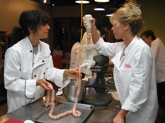 Cathy and Rona making sausage