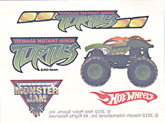 " Hot Wheels " Monster Jam ' Teenage Mutant Ninja Turtles ' 1:64 Monster Truck - Michelangelo {  MUD TRUCKS tire treads } 53/80 ..AUTHENTIC MONSTER JAM TATTOO ii  (( 2011 ))