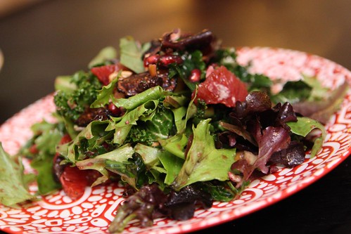 Kale Salad with Blood Orange, Pomegranate, Currants, Dried Figs, and Toasted Cashews