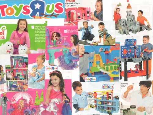 Images from 2010 Toys R Us Holiday circular showing girls with pink toys and boys with blue