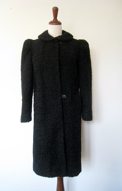 Faux Curly Lamb Fur Puff Sleeve Coat, Vintage 40s
