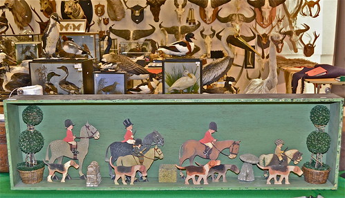 A cased set of 10 painted wooden figures depicting a hunting scene by  Mabel Lucie Atwell