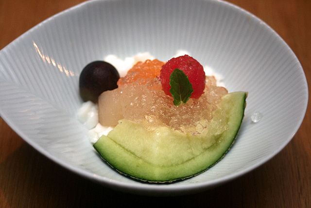 Dessert: Pear compote jelly with fresh fruits