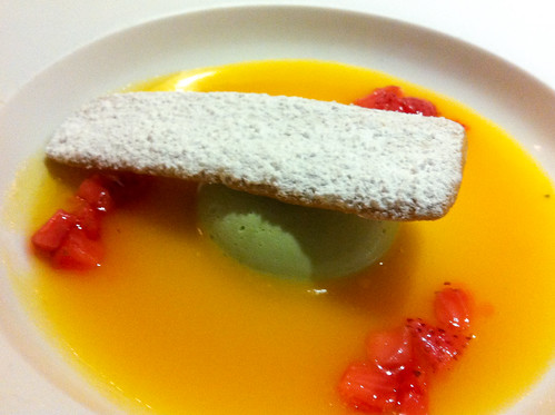 Lemon Panna Cotta with Cantaloupe Soup and Orange Biscuit
