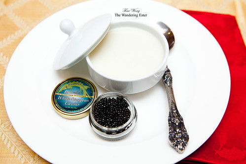 Homemade cauliflower soup with American White Sturgeon Caviar