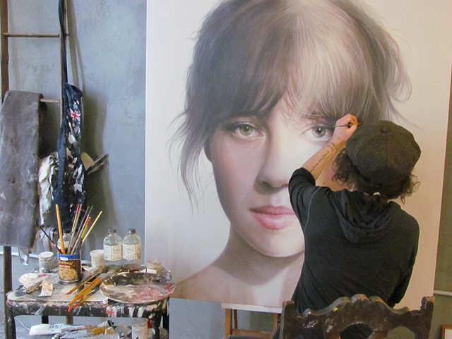 Matt Doust working on one of his new portraits for Thinkspace's booth at the Affordable Art Fair