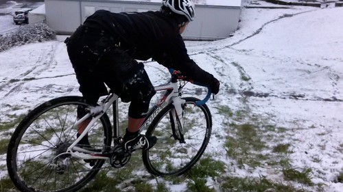 Riding downhill in snowy Gasworks Park