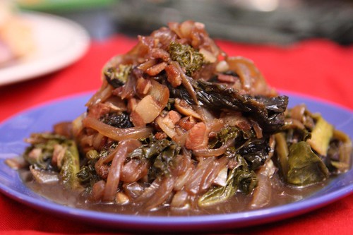 Braised Greens with Onion, Bacon, and IPA