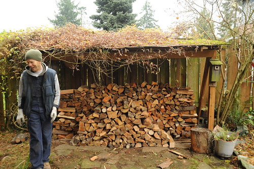 Finishing up the stack of cut firewood, David in overalls, gloves, hat, boots, Northwest working fashion, wood shed, birdhouse, stump, bucket, trees, Broadview, Seattle, Washington, USA by Wonderlane