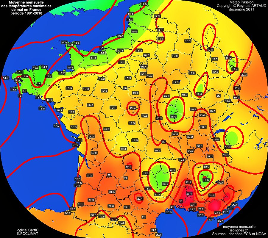 Moyennes mensuelles des températures maximales pour le mois de mai en France sur la période 1981-2010