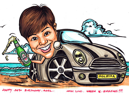 lady caricature with Heineken on Mini Cooper