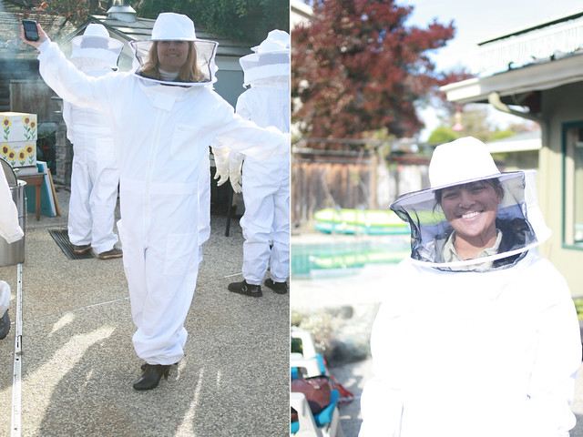 in our bee suits-- check out nikole's shoes!