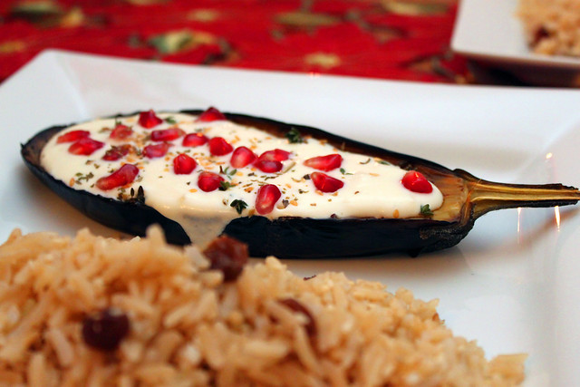 Roast Aubergines with Buttermilk sauce and pomegranate